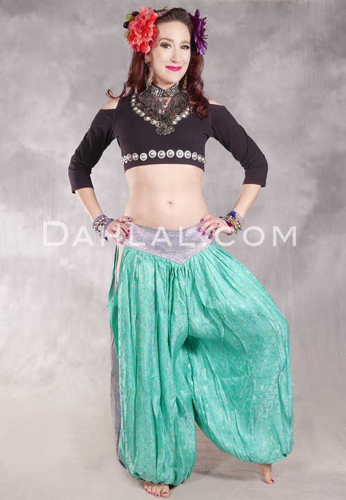 LUNA JADE Draped Silk Brocade Harem Pant - Mint, Lavender, Pink and Light Gold