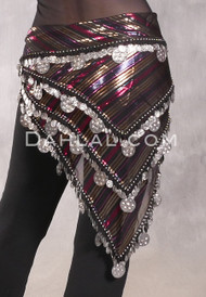 Three Row Egyptian Coin Hip Scarf With Multi-Sized Coins - Multi-color Metallic Stripe with Silver 