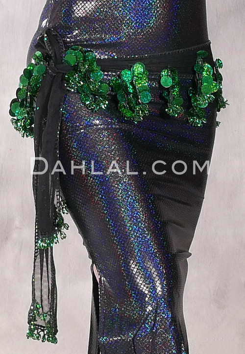 HELWA Black Net Egyptian Hip Scarf with Beads and Paillettes - Green