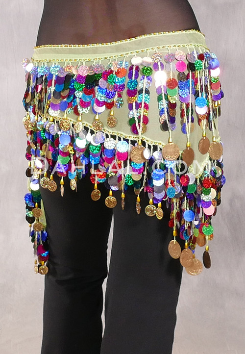 Egyptian Triangle Hip Scarf with Paillettes and Coins - Lime