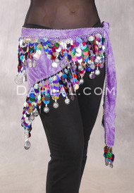 Egyptian Triangle Hip Scarf with Paillettes and Coins - Purple Tie-dye