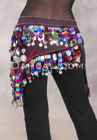 Egyptian Triangle Hip Scarf with Paillettes and Coins - Almost Black Graphic with Red