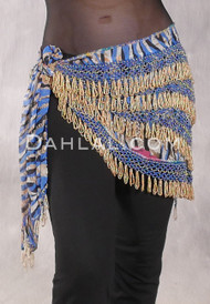 Deep "V" Beaded Loop Egyptian Hip Scarf - Graphic Print with Gold and Cream Iris