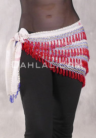 Deep "V" Beaded Loop Egyptian Hip Scarf - White with Red, Royal Blue Iris and Gold
