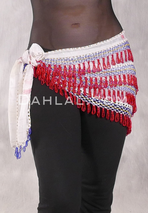 Deep "V" Beaded Loop Egyptian Hip Scarf - White with Red, Royal Blue Iris and Gold