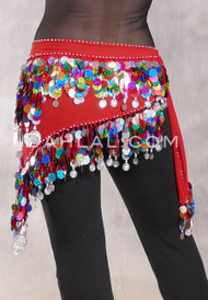 Egyptian Triangle Hip Scarf with Paillettes and Coins - Red