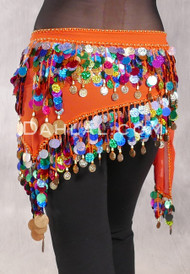 Egyptian Triangle Hip Scarf with Paillettes and Coins - Orange