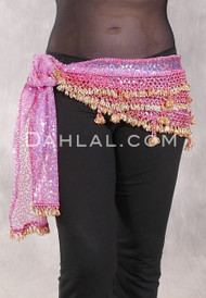 Beaded 3-Row Egyptian Assuit Hip Scarf - Pink with Gold and Metallic Silver