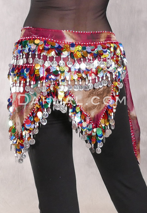 Egyptian Wave Hip Scarf with Beads and Paillettes - Wine Graphic Print with Silver and Multi-color