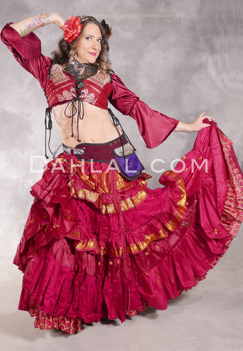 MOONLIGHT AVALON 25 Yard Silk Tiered Ruched Skirt - Dark Rose, Wine and Gold