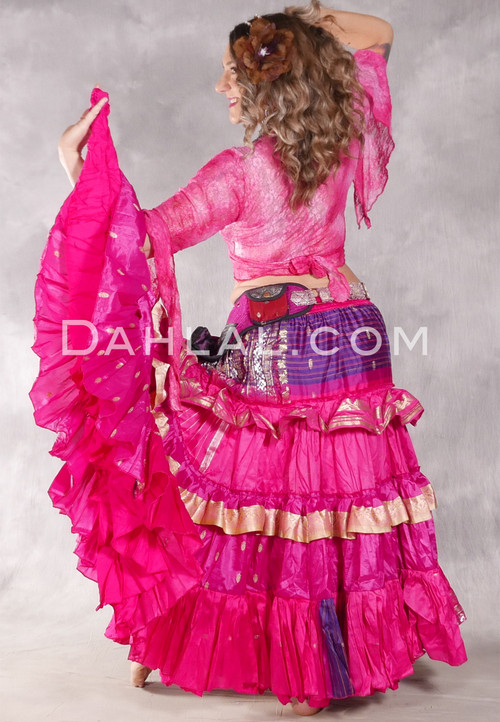 MOONLIGHT AVALON 25 Yard Silk Tiered Ruched Skirt - Deep Pink, Fuchsia, Lipstick, Purple and Gold