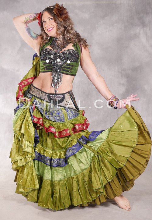 MOONLIGHT AVALON 25 Yard Silk Tiered Ruched Skirt - Bright Olive Tones, Royal Blue, Red and Gold