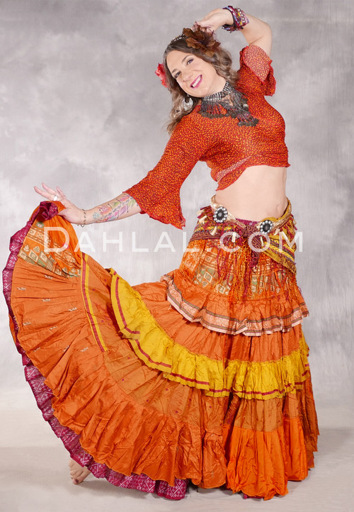 MOONLIGHT AVALON 25 Yard Silk Tiered Ruched Skirt - Orange, Yellow, Green and Red