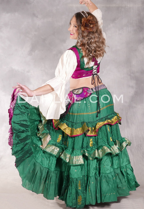 MOONLIGHT AVALON 25 Yard Silk Tiered Ruched Skirt - Green, Fuchsia, Gold and Silver