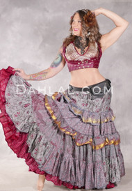 MOON FLOWER 25 Yard Printed Silk Tiered Ruched Skirt - Silver, Wine, Pale Rose, Green and Gold