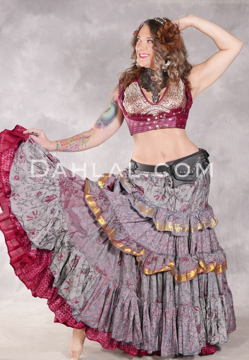 MOON FLOWER 25 Yard Printed Silk Tiered Ruched Skirt - Silver, Wine, Pale Rose, Green and Gold