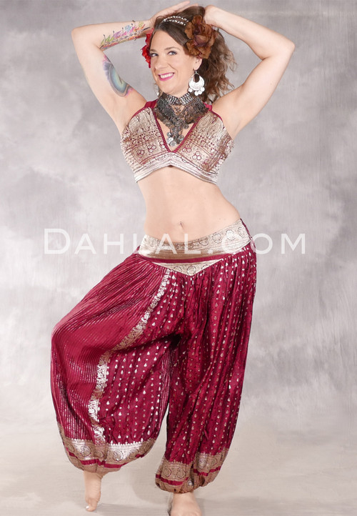 LUNA JADE II Silk Brocade Harem Pant and XL Halter Top Set - Wine and Silver