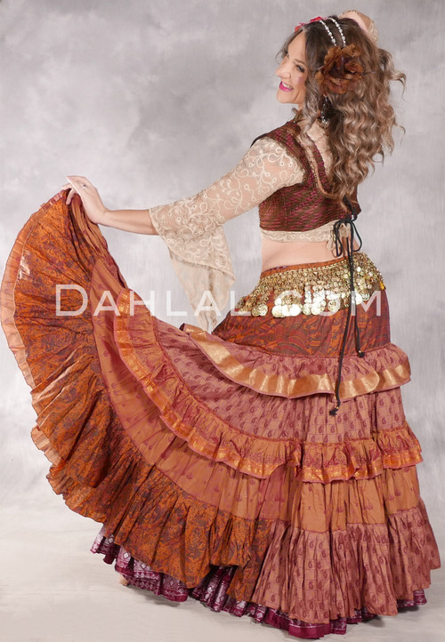 MOON FLOWER 25 Yard Printed Silk Tiered Ruched Skirt - Burnt Orange, Forest Green, Wine and Gold