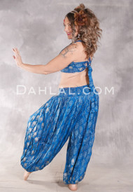 LUNA JADE II Silk Brocade Harem Pant and Large halter Top - Medium Blue and Silver