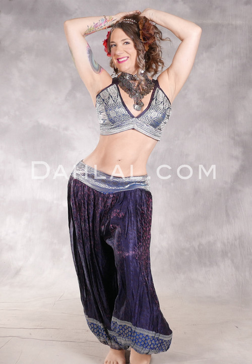 LUNA JADE II Silk Brocade Harem Pant and Large Halter Top Set- Navy, Rose, Medium Blue and Silver