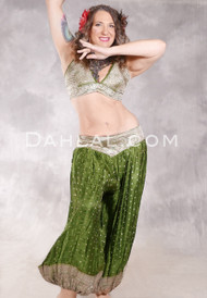 LUNA JADE II Silk Brocade Harem Pant and Large Halter Top Set - Bright Olive and Silver