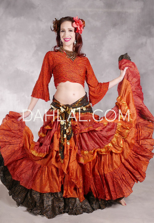 MOON FLOWER 25 Yard Silk Tiered Ruched Skirt - Burnt Orange and Gold