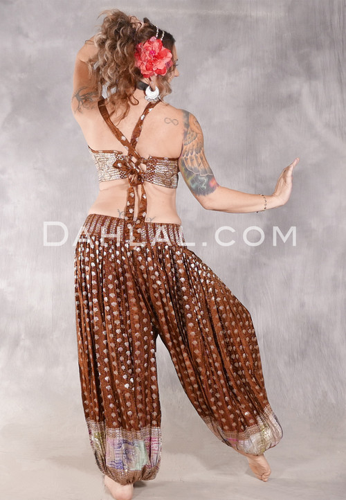 LUNA JADE II Silk Brocade Harem Pant and XL Halter Top Set - Warm Brown, Silver and Pastel Multi-color