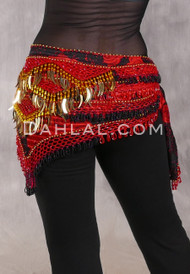 Egyptian Deep V Beaded Hip Scarf With Teardrop Beads - Floral Print with Red, Gold and Black