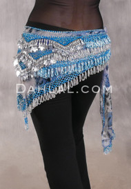 Egyptian Deep V Beaded Hip Scarf With Teardrop Beads - Graphic Print with Silver and Light Blue