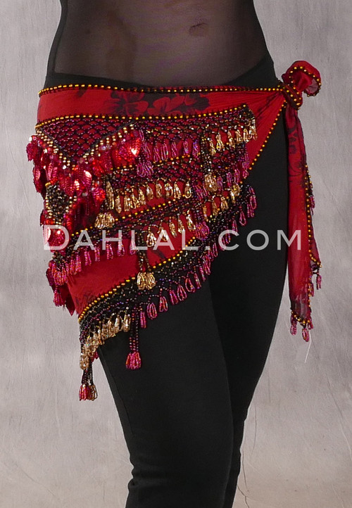 Egyptian Deep V Beaded Hip Scarf With Teardrop Beads - Floral Print with Red, Gold and Red Iris