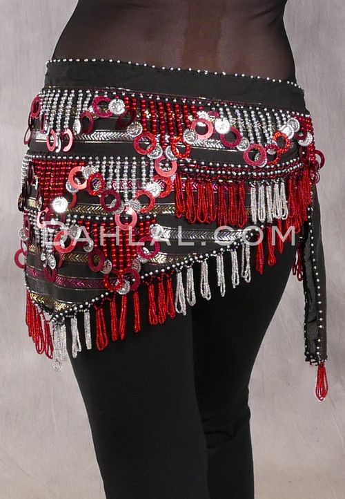 Egyptian Deep V Beaded Hip Scarf With Teardrop Beads - Metallic Stripe, Red and Silver