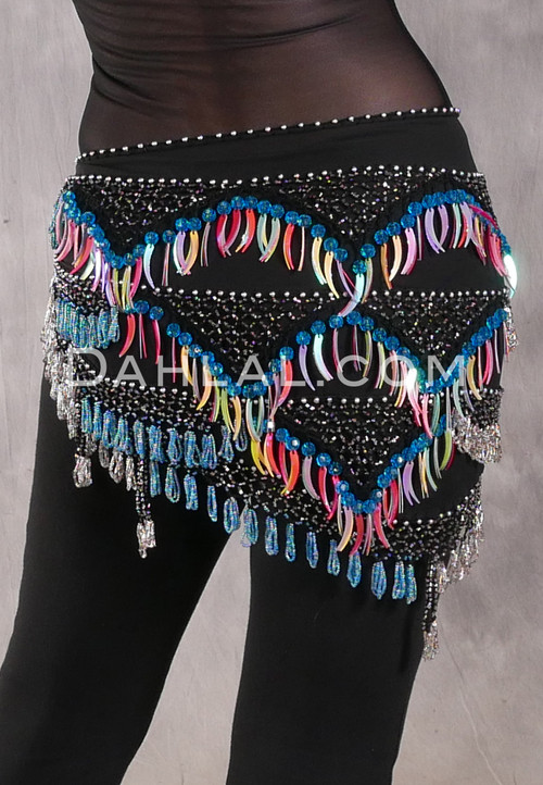Egyptian Deep V Beaded Hip Scarf With Teardrop Beads - Black with Silver, Turquoise and Multi-color