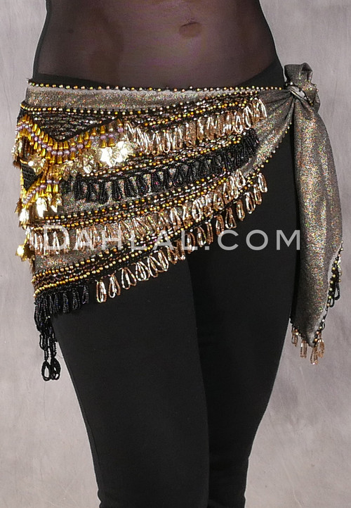 Egyptian Deep V Beaded Hip Scarf With Teardrop Beads - Metallic Gold, Gold and Black