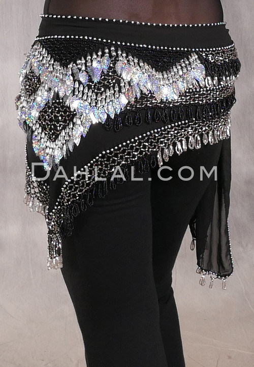 Egyptian Deep V Beaded Hip Scarf With Teardrop Beads - Black with Silver and Black