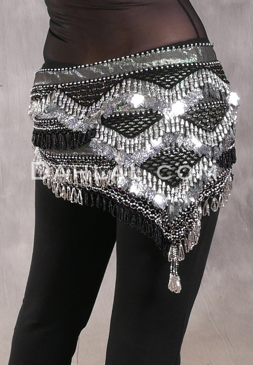 Egyptian Deep V Beaded Hip Scarf With Teardrop Beads - Iridescent Green and Gold with Silver and Black
