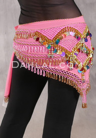 Egyptian Deep V Beaded Hip Scarf With Teardrop Beads - Pink, Gold and Multi-color