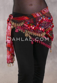 Egyptian Deep V Beaded Hip Scarf With Teardrop Beads - Graphic Print, Red, Gold, Red Iris and Multi-color