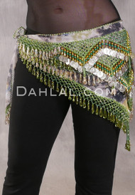 Egyptian Deep V Beaded Hip Scarf With Teardrop Beads - Graphic Print with Gold, Green, Silver and Olive