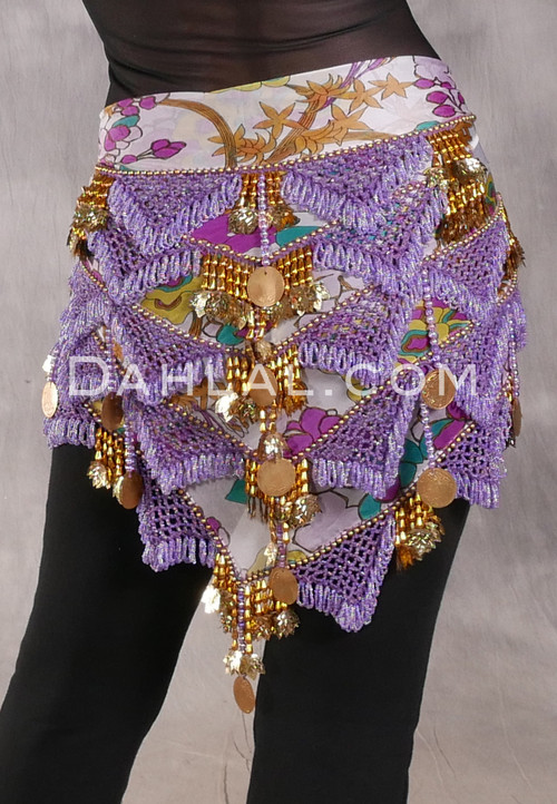 Egyptian Multi-Row Pyramid Bead and Coin Shawl - Floral Print with Lavender Iris and Gold
