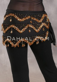 Three Row Egyptian Beaded Hip Scarf - Black with Gold