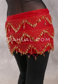 Three Row Egyptian Beaded Hip Scarf - Red with Gold