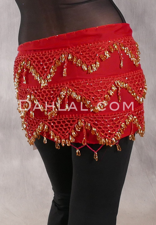 Three Row Egyptian Beaded Hip Scarf - Red with Gold