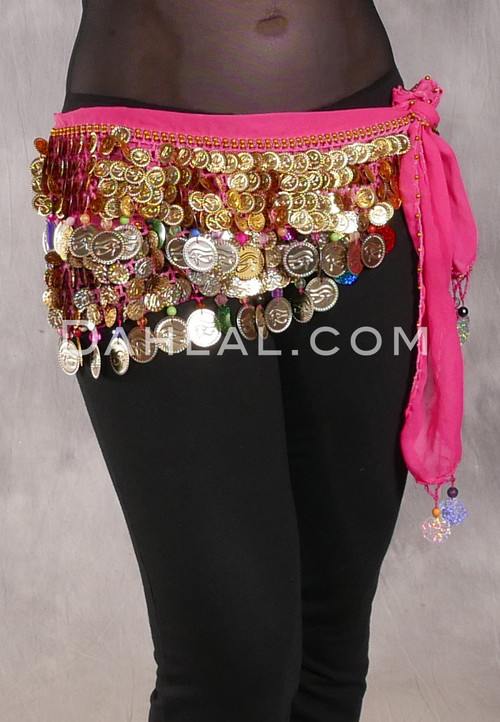 DENDERA Two Layer Coin and Paillette Egyptian Hip Scarf - Pink, Gold and Multi-color