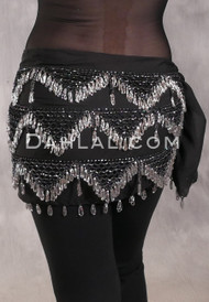 Three Row Egyptian Beaded Hip Scarf - Black with Silver