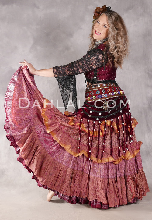 MOON FLOWER 25 Yard Silk Tiered Ruched Skirt - Dusty Rose Pink, Gold, Forest Green and Red