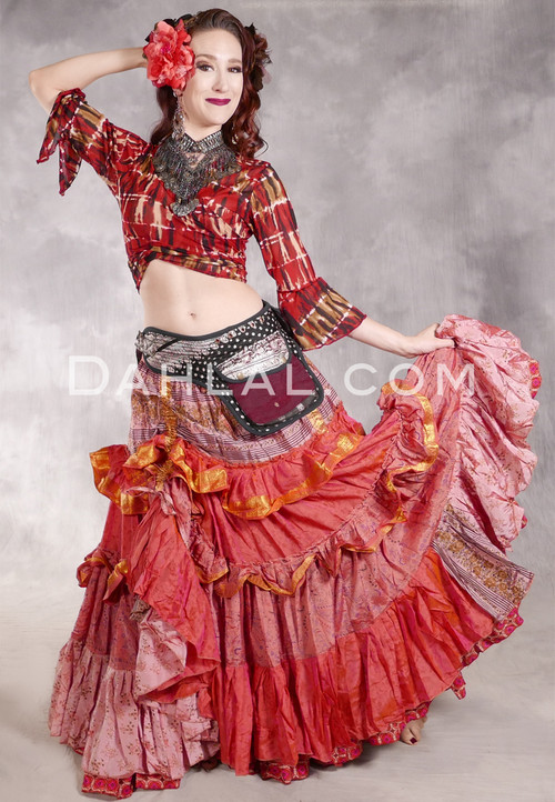 MOON FLOWER 25 Yard Silk Tiered Ruched Skirt - Deep Coral, Pink, Black and Gold