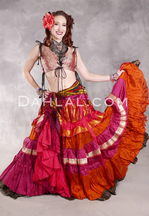 MOONLIGHT AVALON 25 Yard Silk Tiered Ruched Skirt - Rosy Red, Burnt Orange, Dark Rose, Gold and Silver