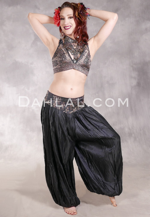 LUNA JADE II Silk Brocade Harem Pant and Small Sari Halter Top Set - Black with Gold