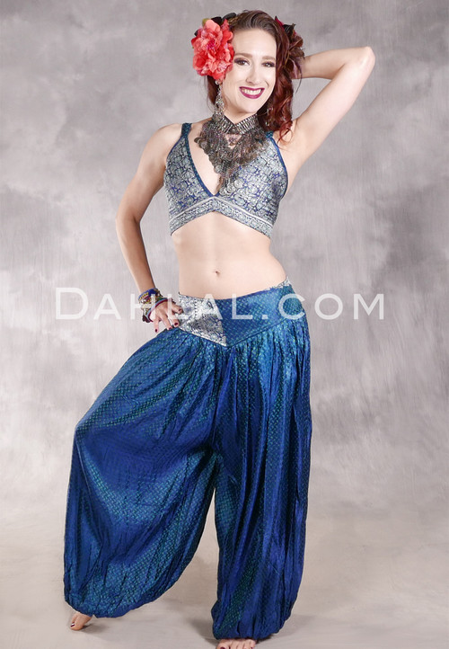 LUNA JADE II Silk Brocade Harem Pant and Medium Sari Halter Top Set - Deep Medium Blue, Teal and Silver