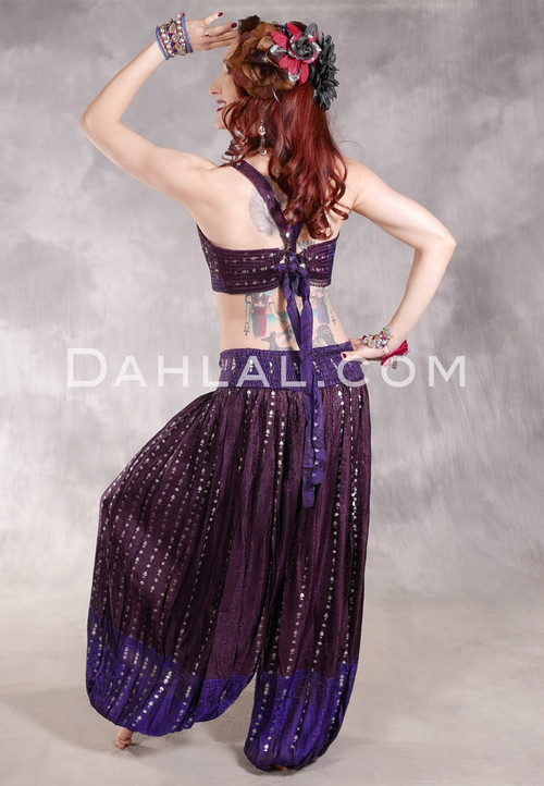LUNA JADE II Silk Brocade Harem Pant and Medium Sari Halter Top Set - Plum, Purple and Silver